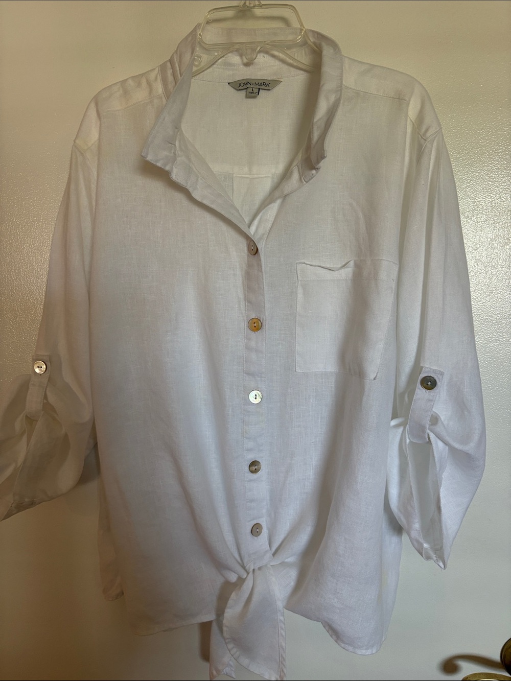 John Mark White Relaxed Linen Button-Down Shirt with Front Tie & wired collar L